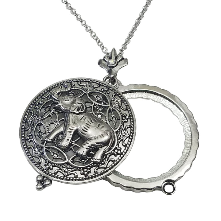 Silver Toned Elephant Magnifying Glass Pendant with Long Necklace