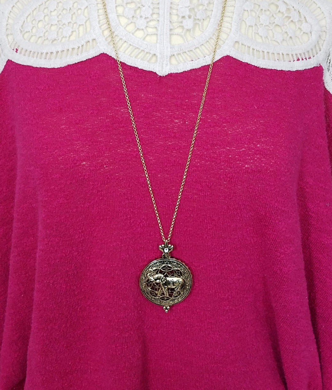 Gold Toned Elephant Magnifying Glass Pendant with Long Necklace