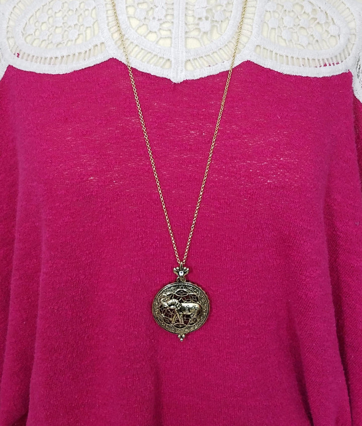 Gold Toned Elephant Magnifying Glass Pendant with Long Necklace