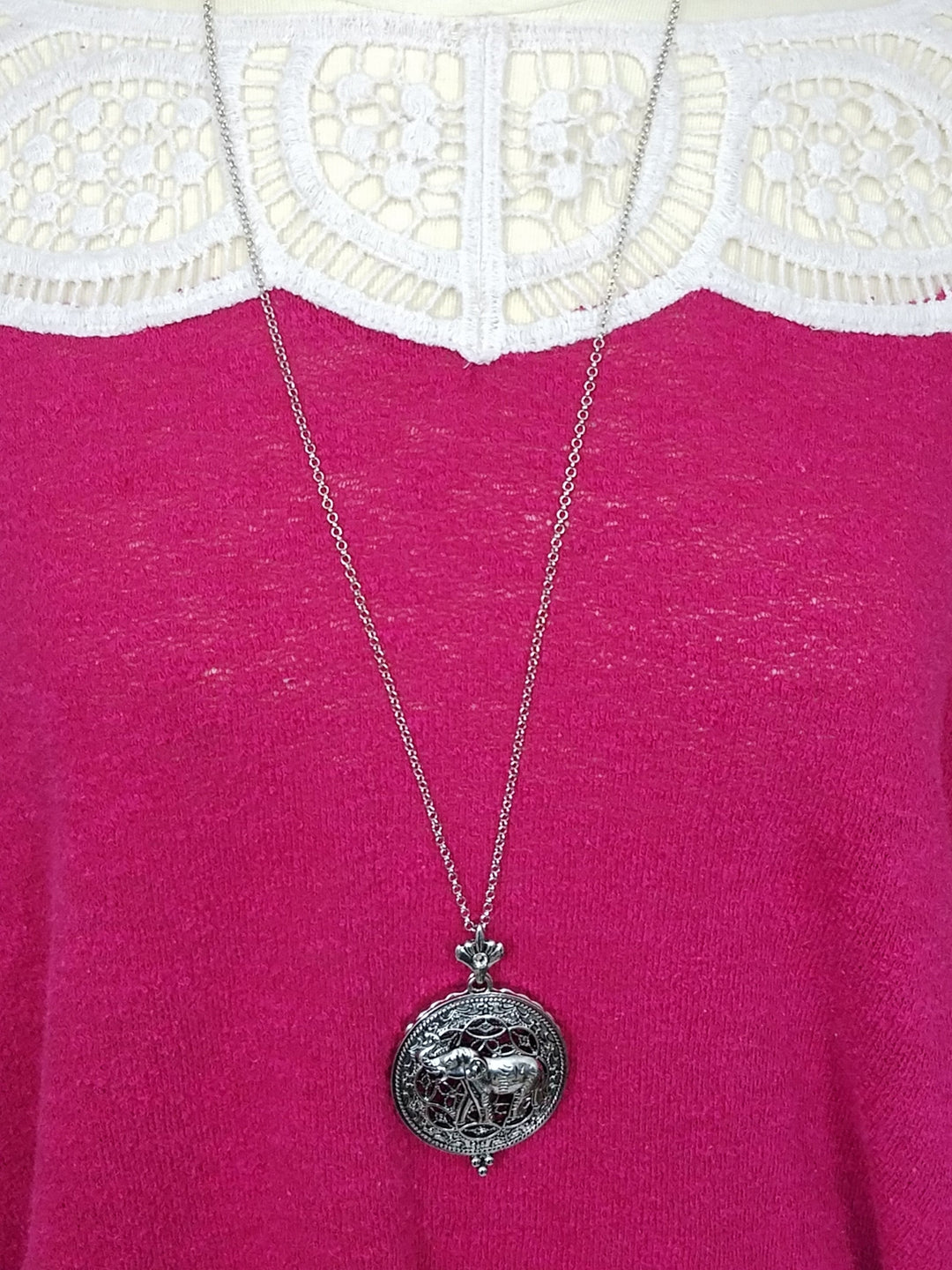 Silver Toned Elephant Magnifying Glass Pendant with Long Necklace