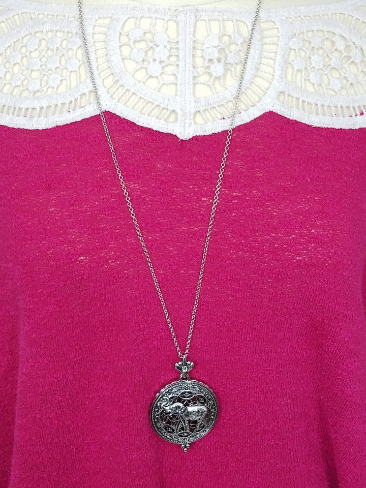 Silver Toned Elephant Magnifying Glass Pendant with Long Necklace