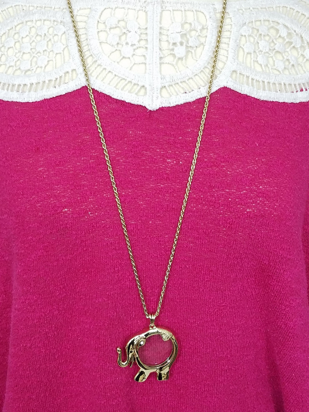Gold Toned Elephant Magnifying Glass Pendant Necklace