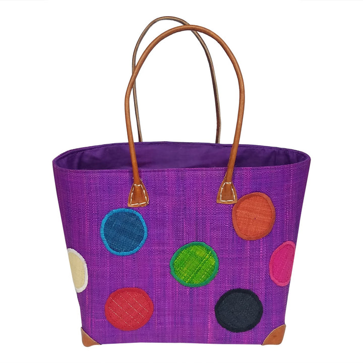 Alice: Authentic Hand Woven Madagascar Purple Polka Dot Raffia Tote Bag