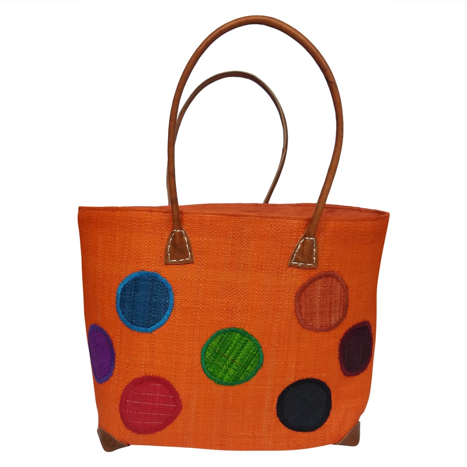 1 of 3: Prisca: Authentic Hand Woven Madagascar Orange Polka Dot Raffia Tote Bag