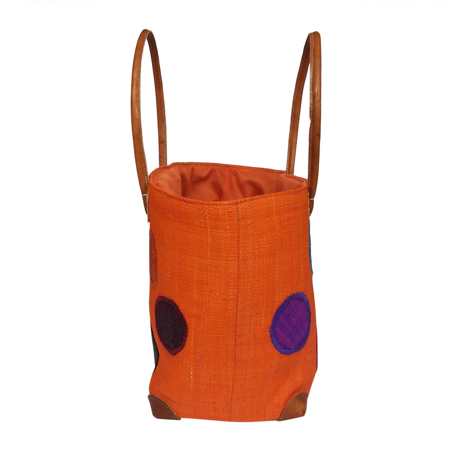 2 of 3: Prisca: Authentic Hand Woven Madagascar Orange Polka Dot Raffia Tote Bag