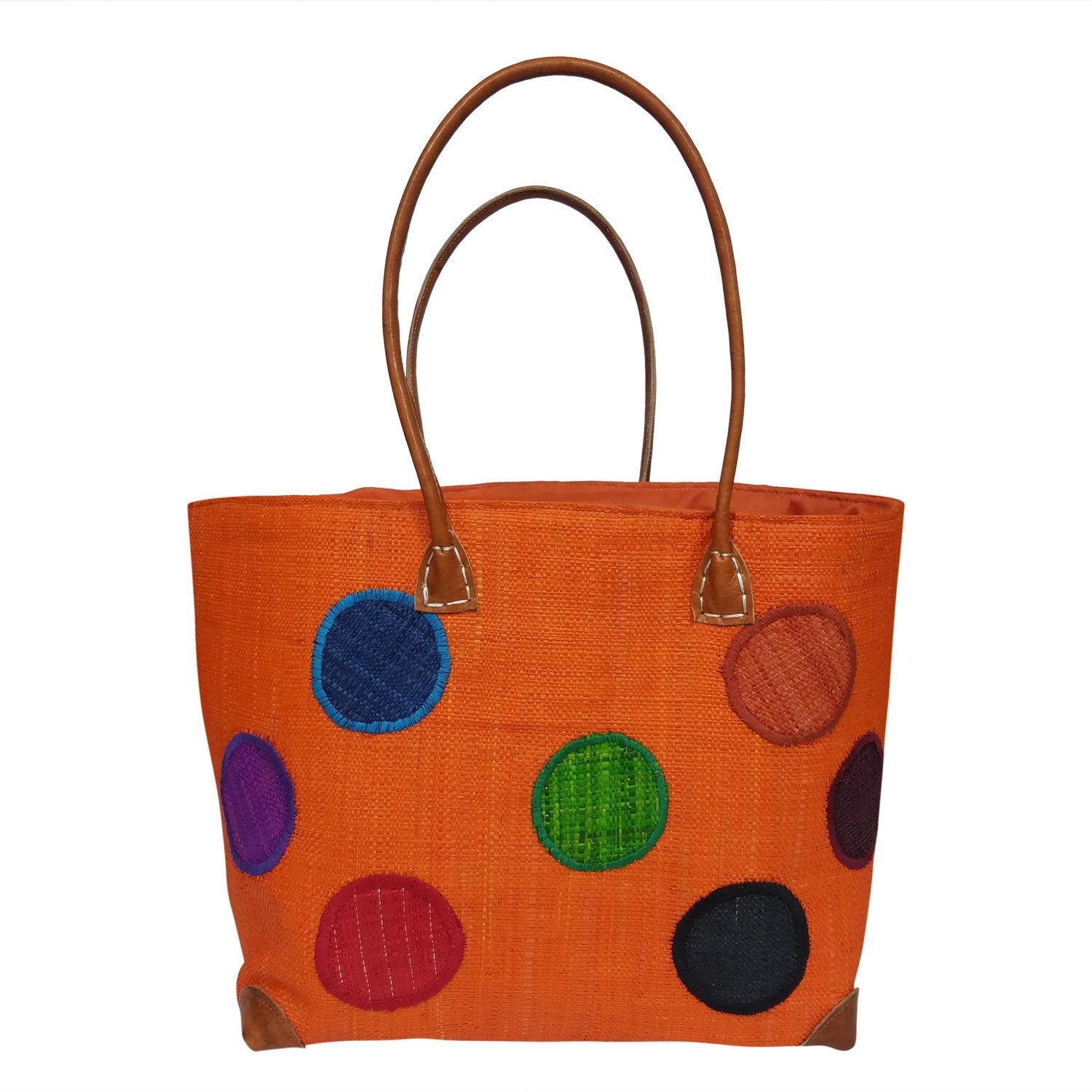 3 of 3: Prisca: Authentic Hand Woven Madagascar Orange Polka Dot Raffia Tote Bag