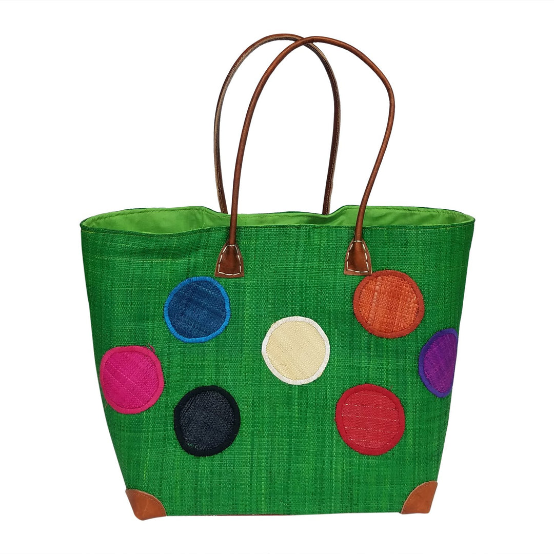 Jena: Authentic Hand Woven Madagascar Green Polka Dot Raffia Tote Bag