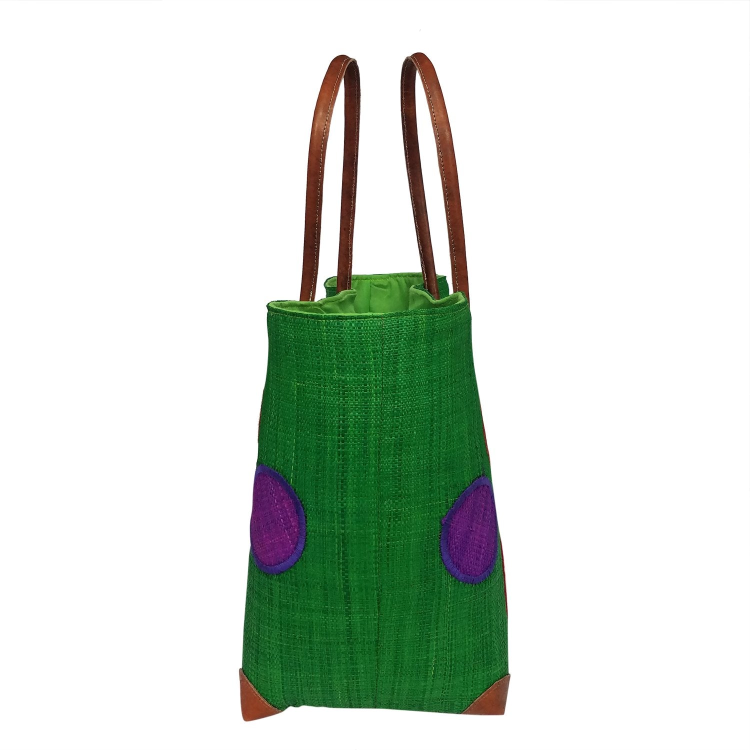 2 of 3: Jena: Authentic Hand Woven Madagascar Green Polka Dot Raffia Tote Bag