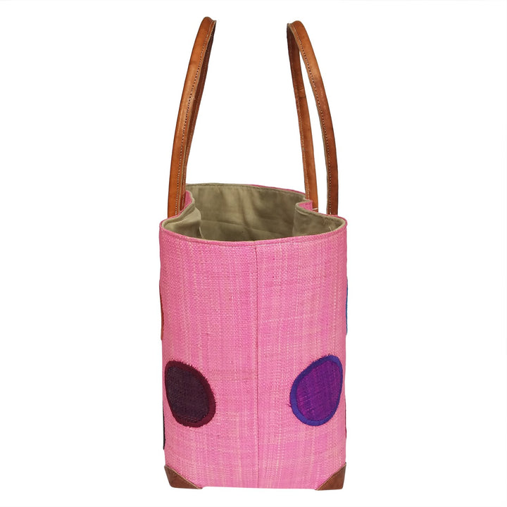 Irina: Authentic Hand Woven Pink Madagascar Raffia Polka Dot Tote Bag