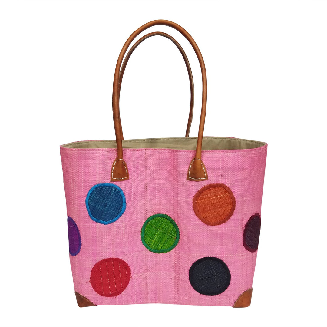 Irina: Authentic Hand Woven Pink Madagascar Raffia Polka Dot Tote Bag