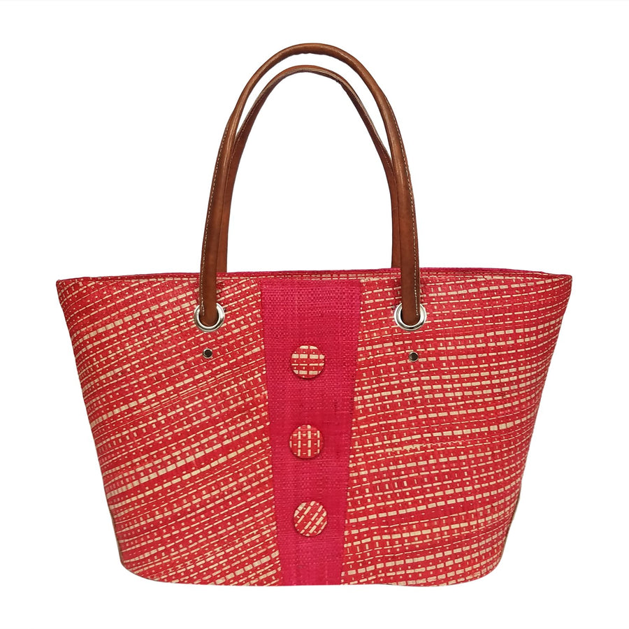 Tatiana: Authentic Handmade Red and Natural Madagascar Raffia Buttons Hand Bag