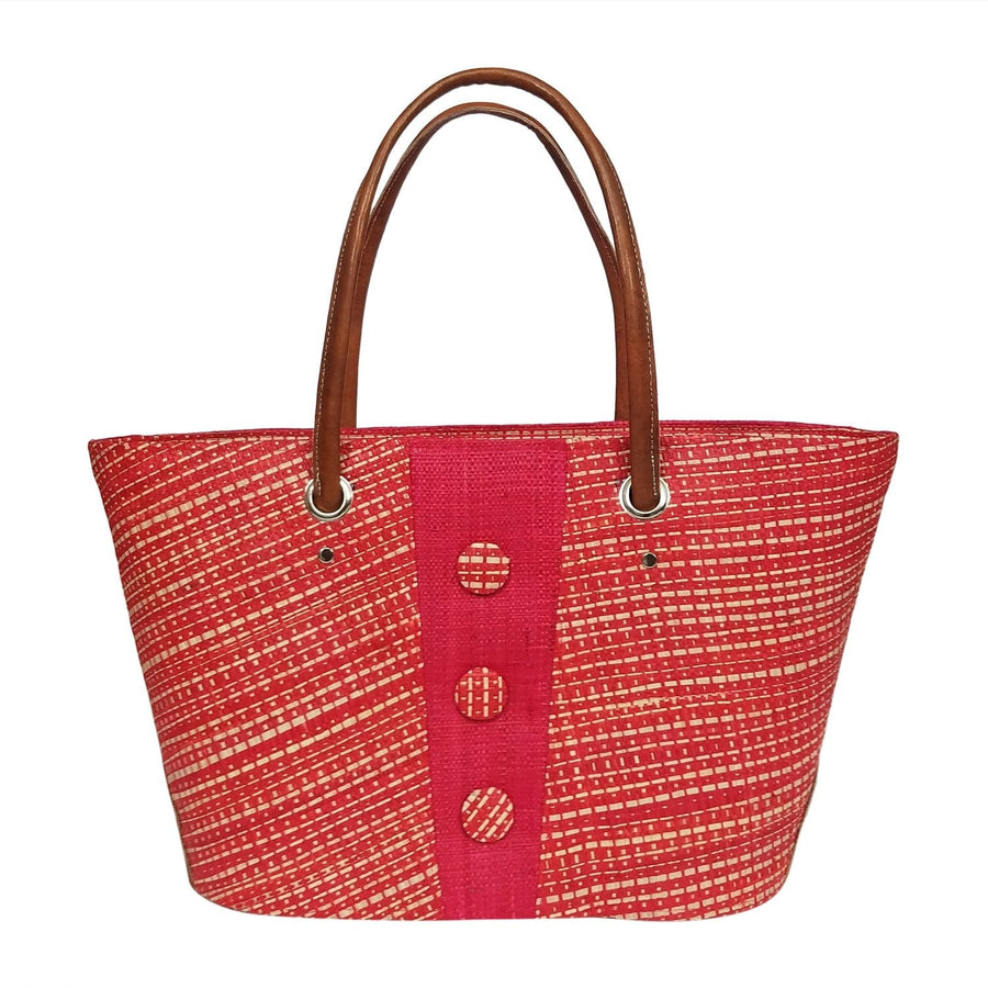 Tatiana: Authentic Handmade Red and Natural Madagascar Raffia Buttons Hand Bag