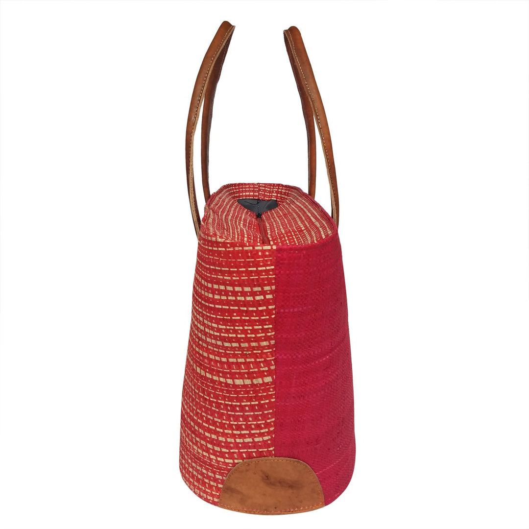 Tatiana: Authentic Handmade Red and Natural Madagascar Raffia Buttons Hand Bag