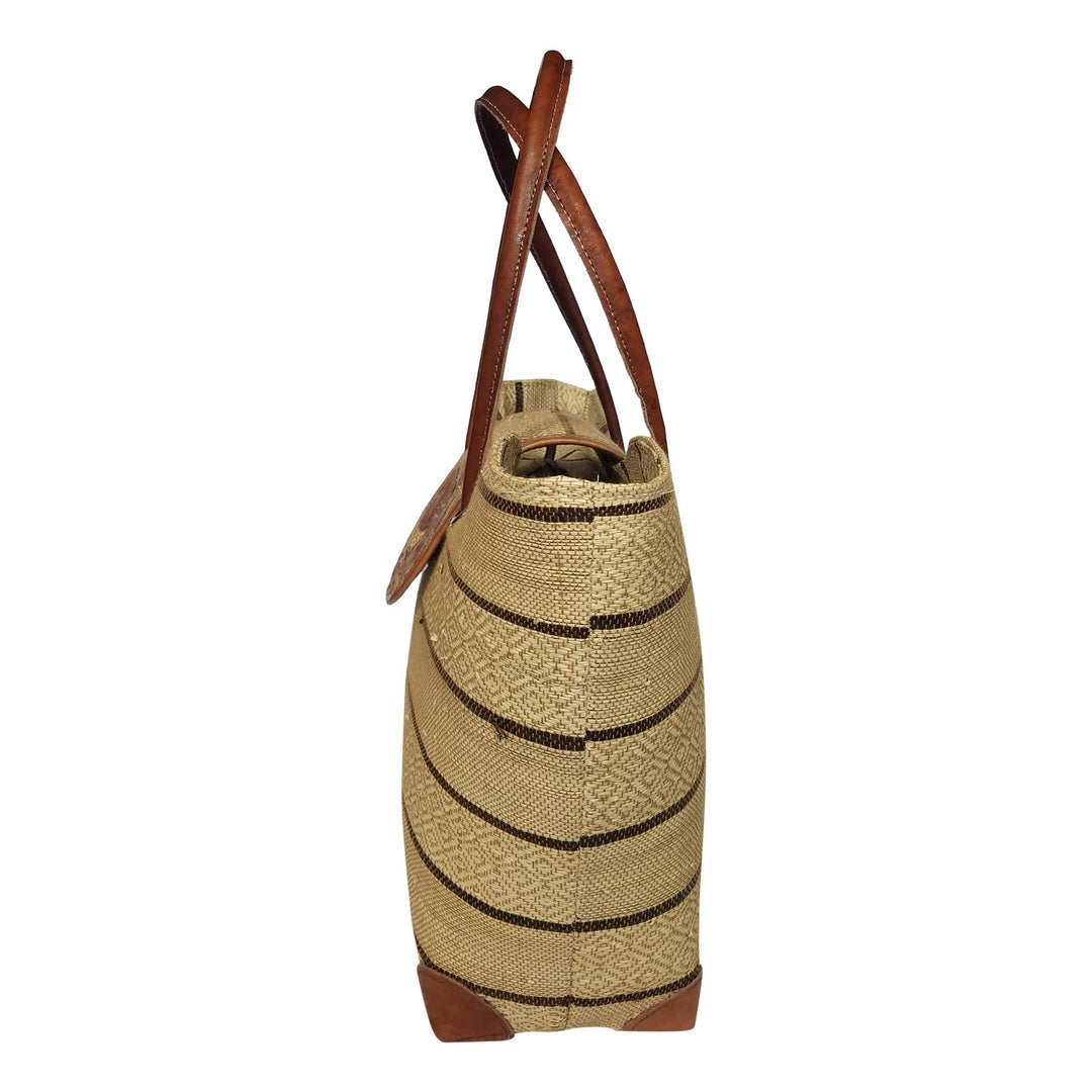 Rina: Authentic Hand Woven Beige & Brown Madagascar Raffia Voninkazo Hand Bag