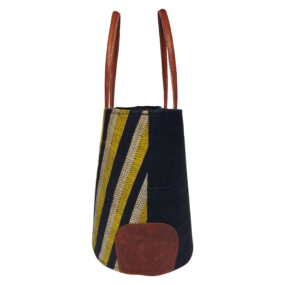 Cynthia: Authentic Handmade Black and Yellow Madagascar Raffia Buttons Hand Bag