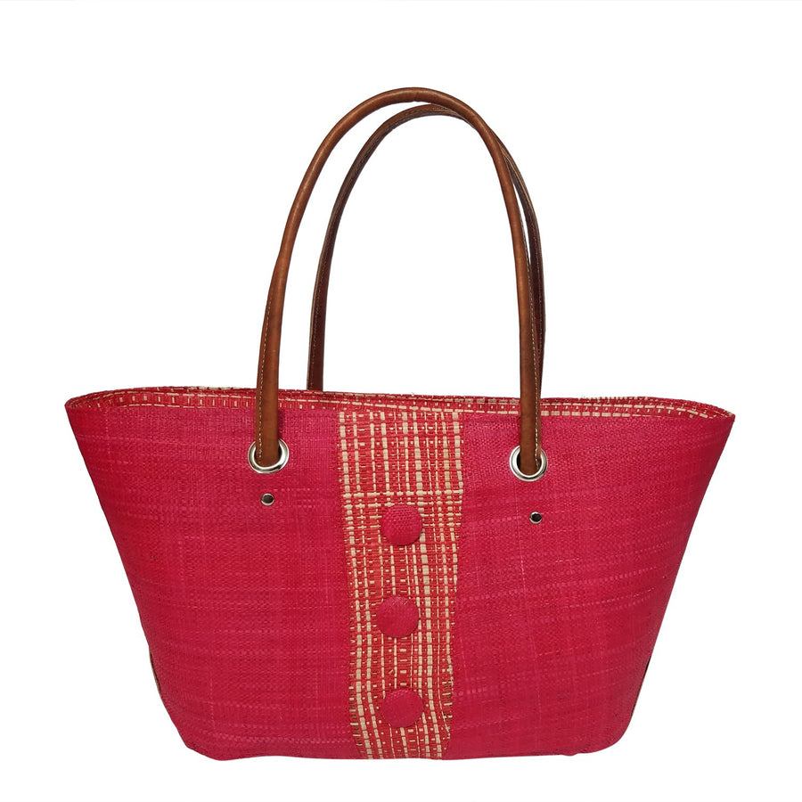 Hanitra: Authentic Handmade Red & Natural Madagascar Raffia Buttons Hand Bag