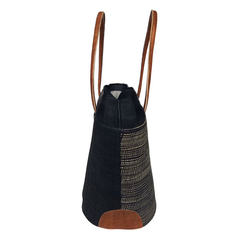 Mimi: Authentic Handmade Black and Natural Madagascar Raffia Buttons Hand Bag