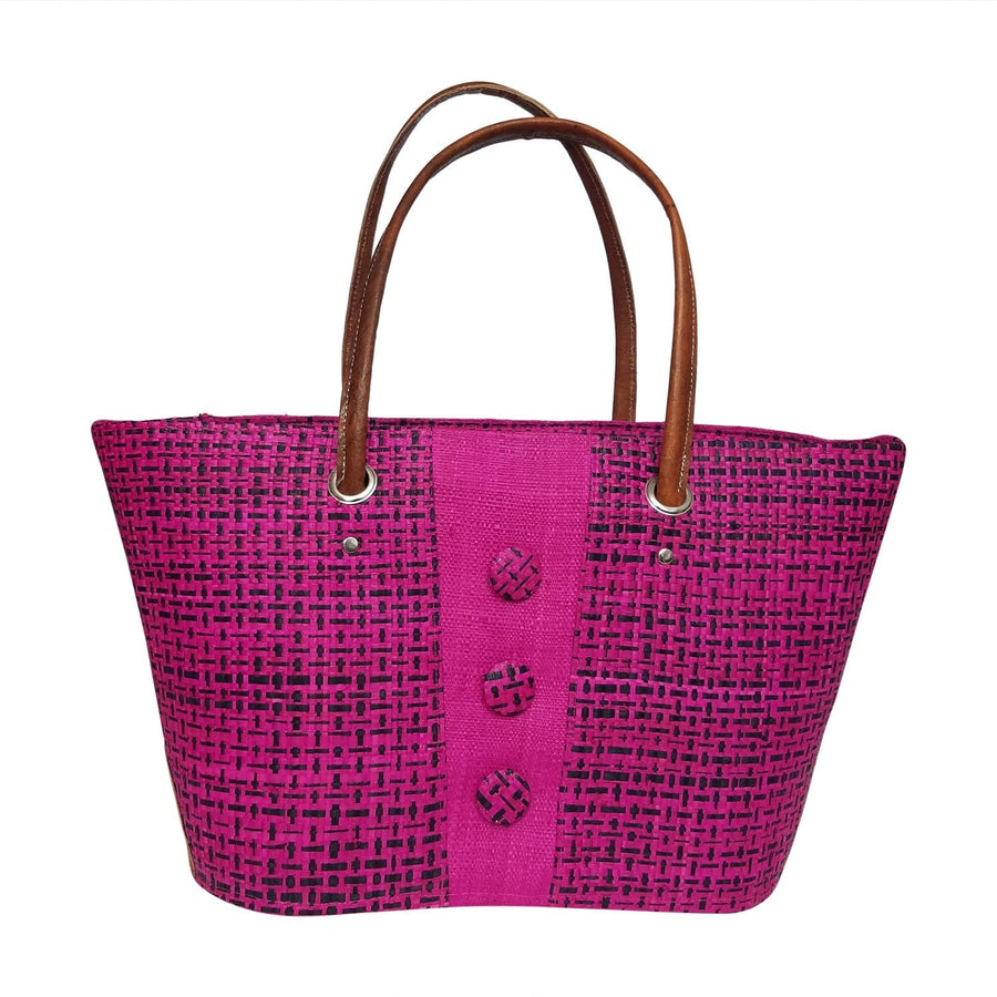 Mia: Authentic Handmade Fuchsia and Black Madagascar Raffia Buttons Hand Bag