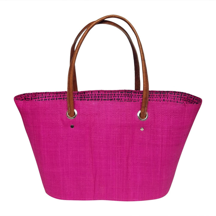 Mia: Authentic Handmade Fuchsia and Black Madagascar Raffia Buttons Hand Bag