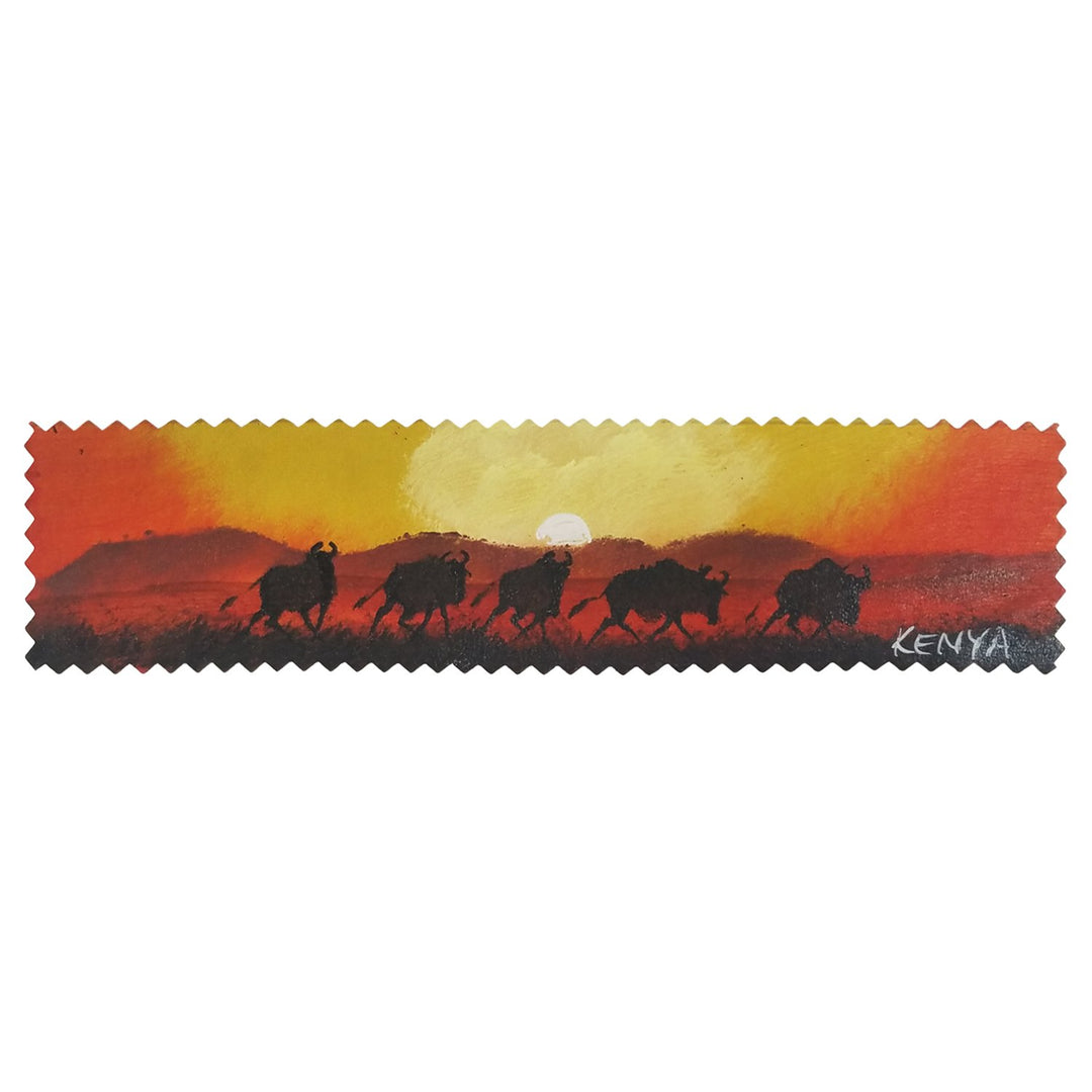 Wildebeests at Sunset: Authentic African Hand Painted Leather Bookmark by Henry Mburu