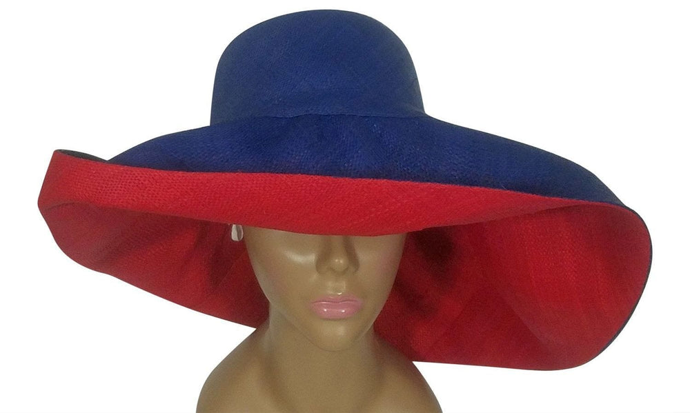 Apiyo: Authentic African Handwoven Blue and Red Madagascar Big Brim Raffia Sun Hat