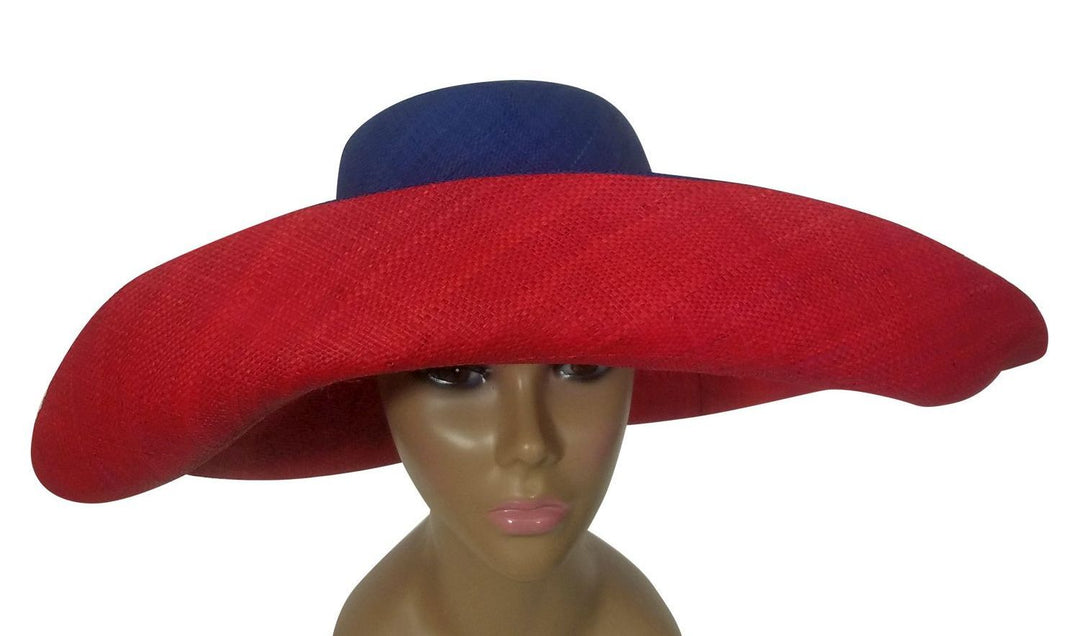 Apiyo: Authentic African Handwoven Blue and Red Madagascar Big Brim Raffia Sun Hat
