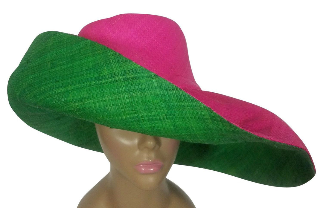 Adjoa: Authentic African Handwoven Pink and Green Madagascar Big Brim Raffia Sun Hat