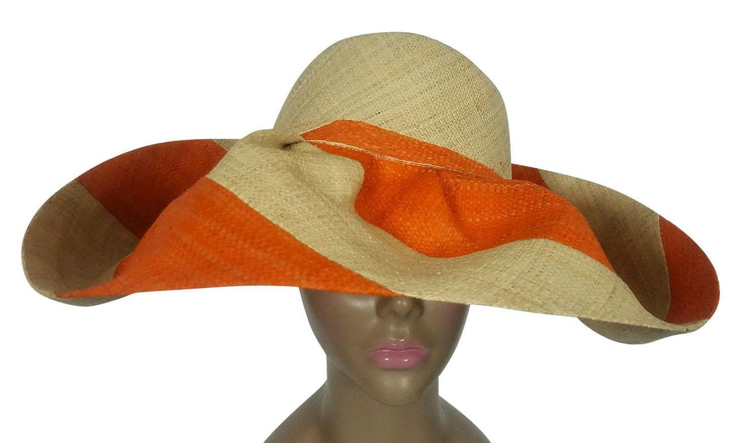 Apunda: Authentic African Handwoven Orange & Natural Swirl Big Brim Raffia Sun Hat