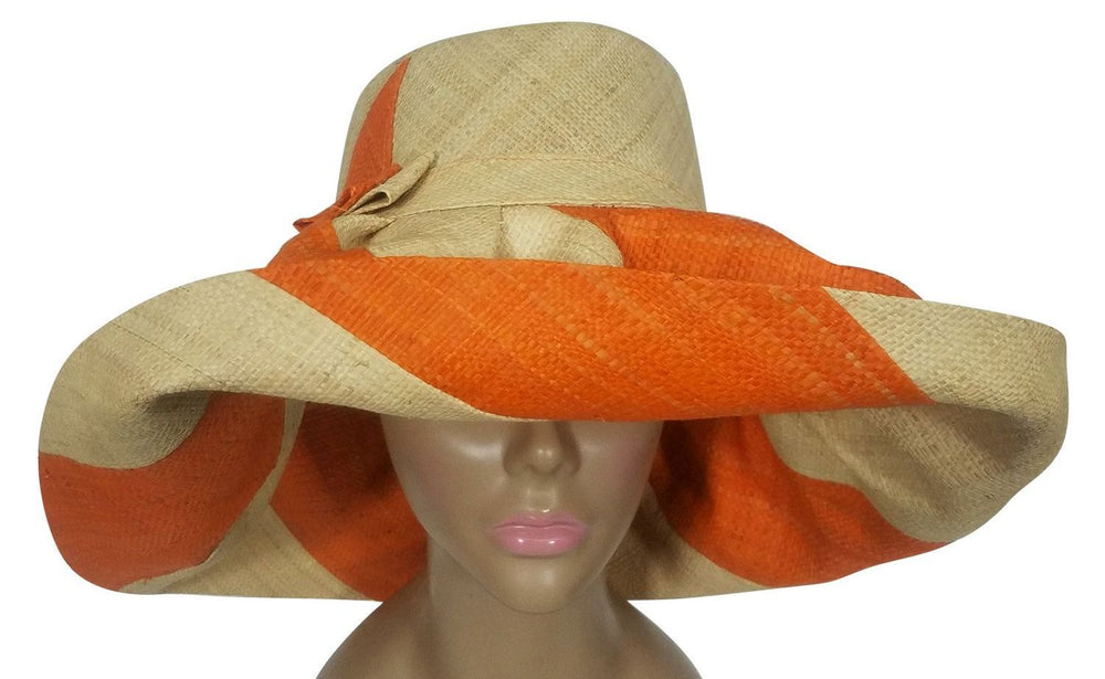 Apunda: Authentic African Handwoven Orange & Natural Swirl Big Brim Raffia Sun Hat