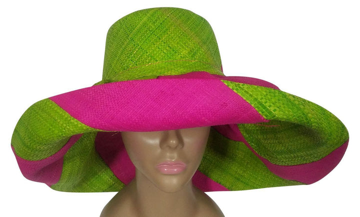 Arjana: Authentic African Handwoven Pink and Green Swirl Madagascar Big Brim Raffia Sun Hat
