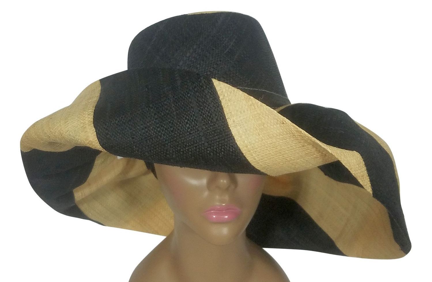 1 of 3: Ashanti: Authentic African Handwoven Black and Natural Swirl Madagascar Big Brim Raffia Sun Hat