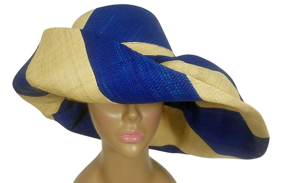 Awiti: Authentic African Handwoven Blue and Natural Swirl Madagascar Big Brim Raffia Sun Hat