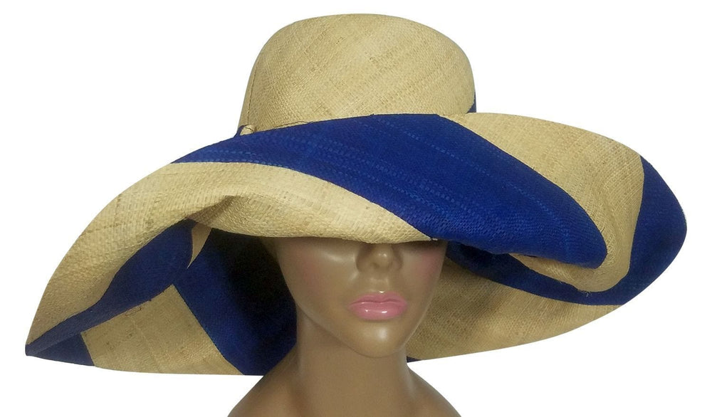 Awiti: Authentic African Handwoven Blue and Natural Swirl Madagascar Big Brim Raffia Sun Hat