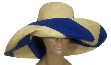 Awiti: Authentic African Handwoven Blue and Natural Swirl Madagascar Big Brim Raffia Sun Hat