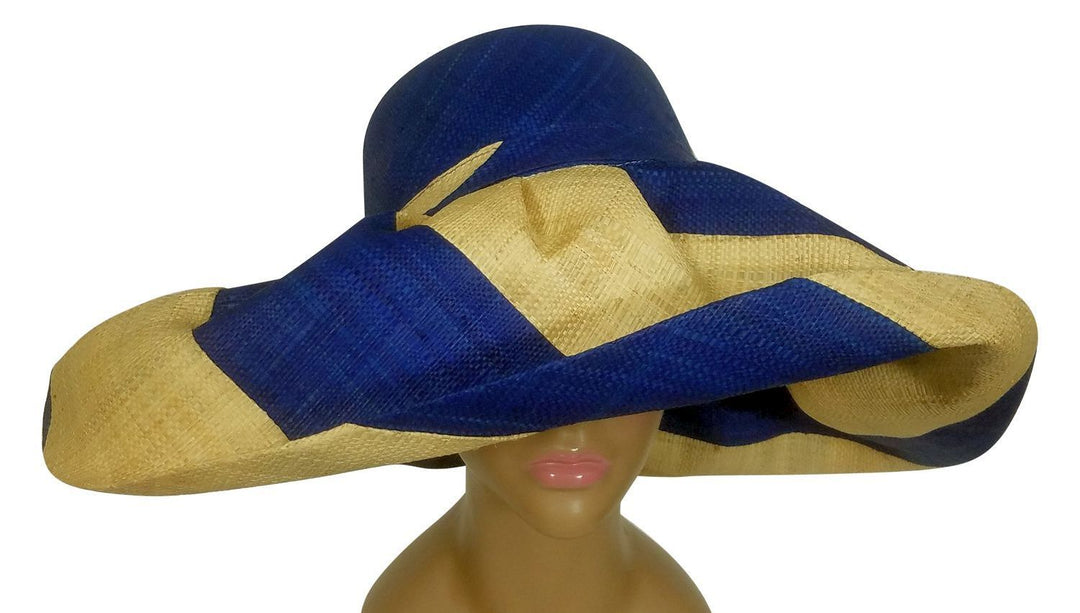 Awiti: Authentic African Handwoven Blue and Natural Swirl Madagascar Big Brim Raffia Sun Hat