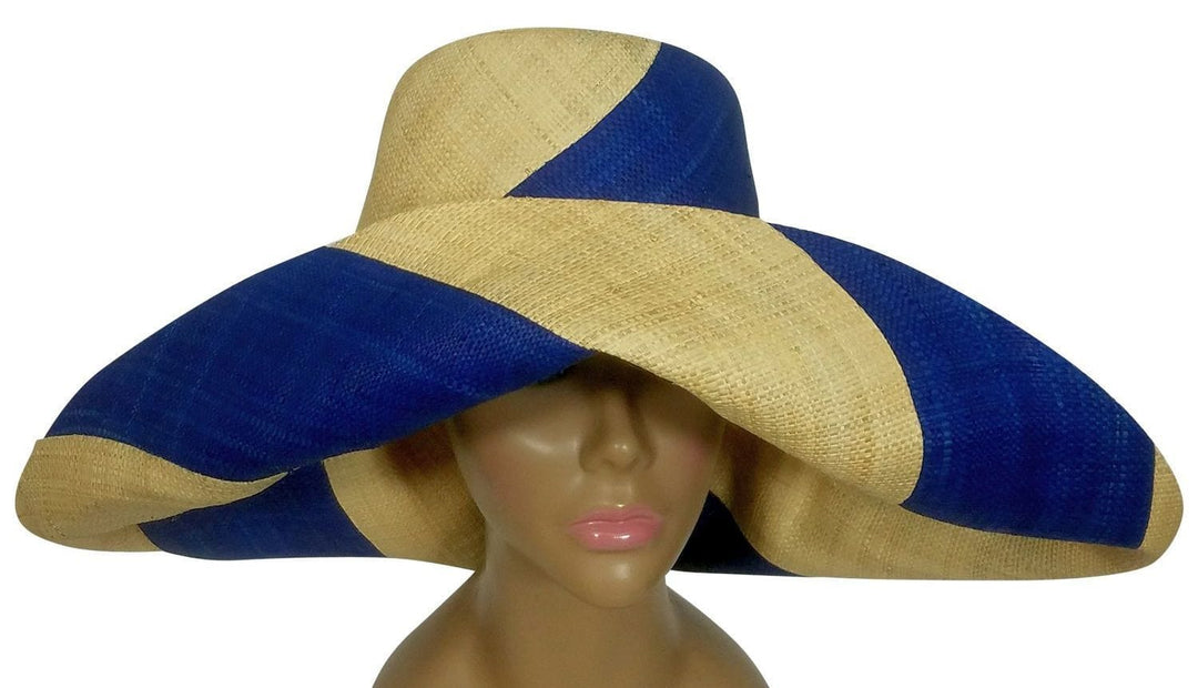 Awiti: Authentic African Handwoven Blue and Natural Swirl Madagascar Big Brim Raffia Sun Hat