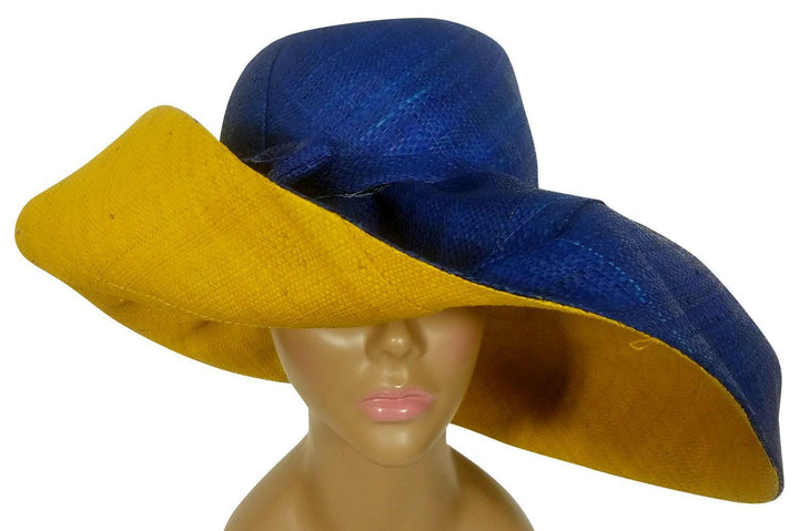 Adede: Authentic African Handwoven Blue and Gold Madagascar Big Brim Raffia Sun Hat
