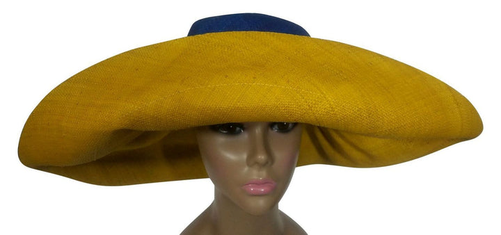 Adede: Authentic African Handwoven Blue and Gold Madagascar Big Brim Raffia Sun Hat
