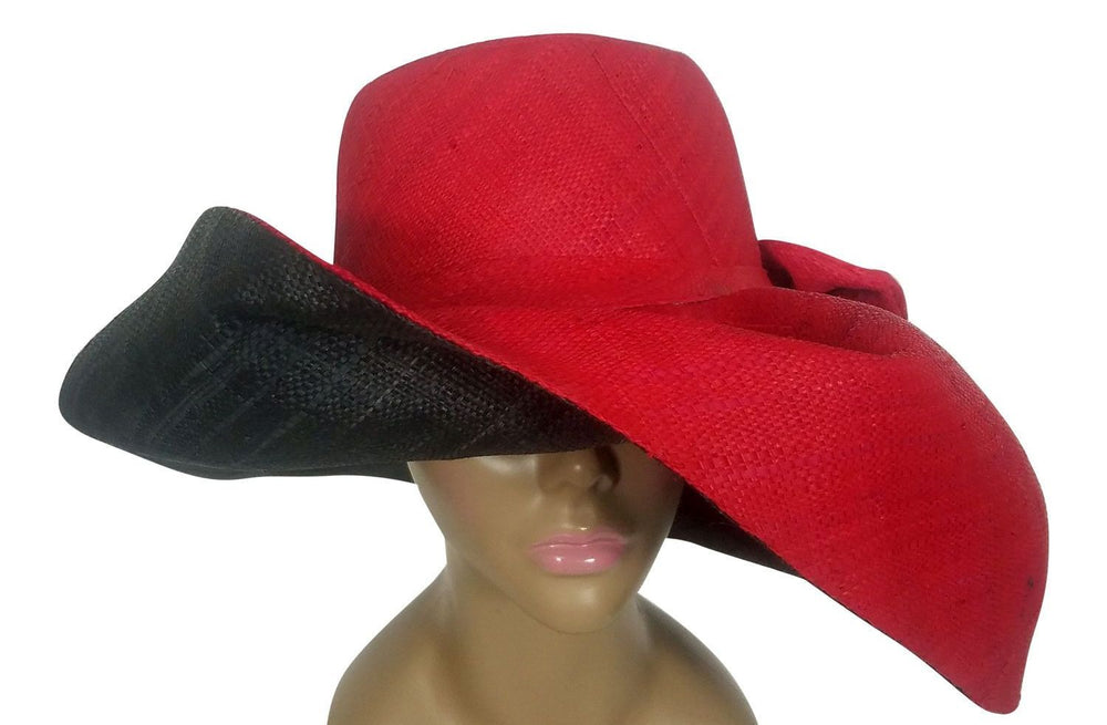 Adelola: Authentic African Hand Made Black and Red Madagascar Big Brim Raffia Sun Hat
