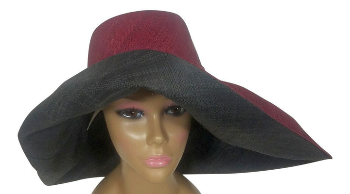 Ama: Authentic African Handwoven Burgundy and Black Madagascar Big Brim Raffia Sun Hat