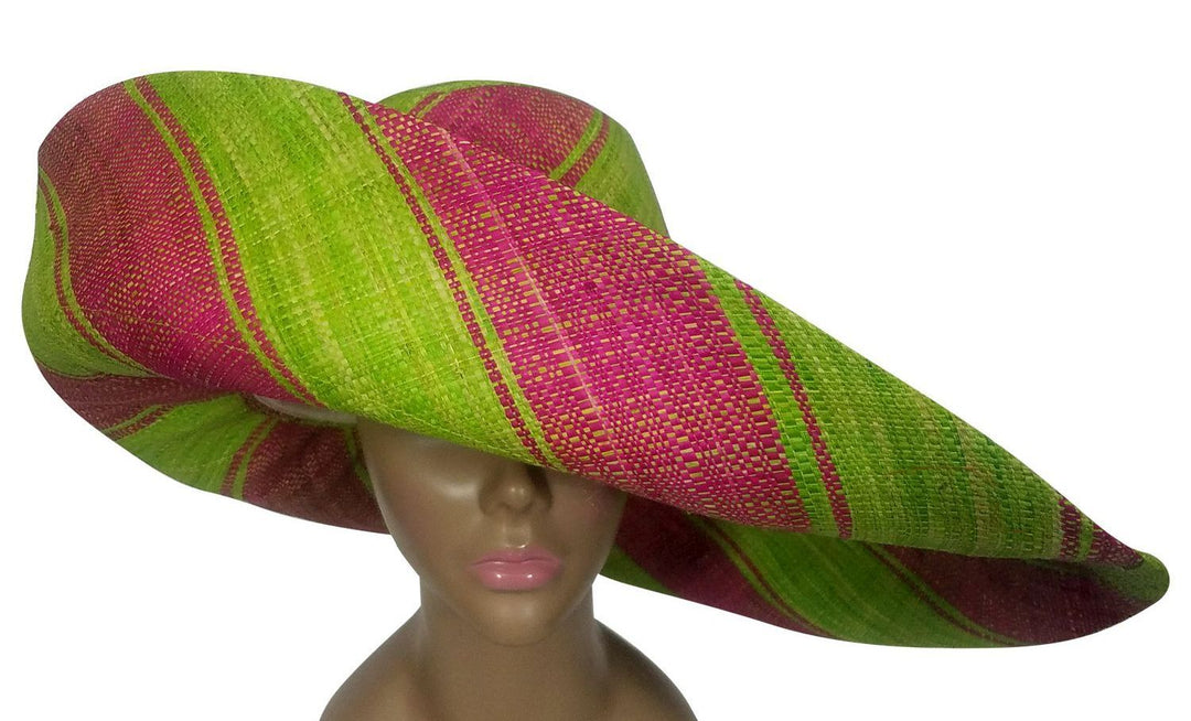 Ayo: Authentic African Handwoven Pink and Green Madagascar Big Brim Raffia Sun Hat