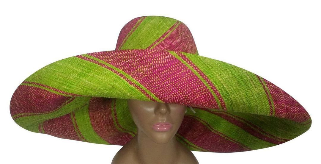 Ayo: Authentic African Handwoven Pink and Green Madagascar Big Brim Raffia Sun Hat