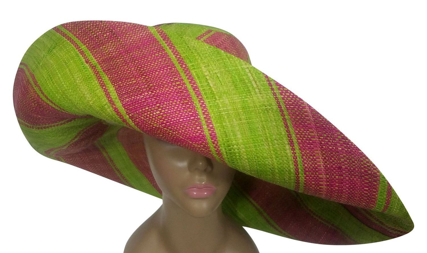 3 of 3: Ayo: Authentic African Handwoven Pink and Green Madagascar Big Brim Raffia Sun Hat