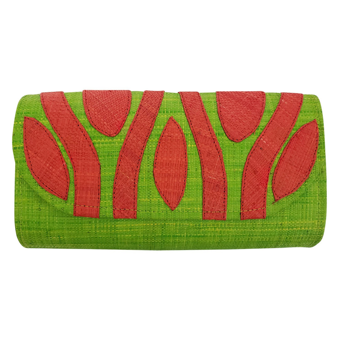 Authentic Handwoven Light Green Madagascar Raffia Clutch with Red-Orange Accents