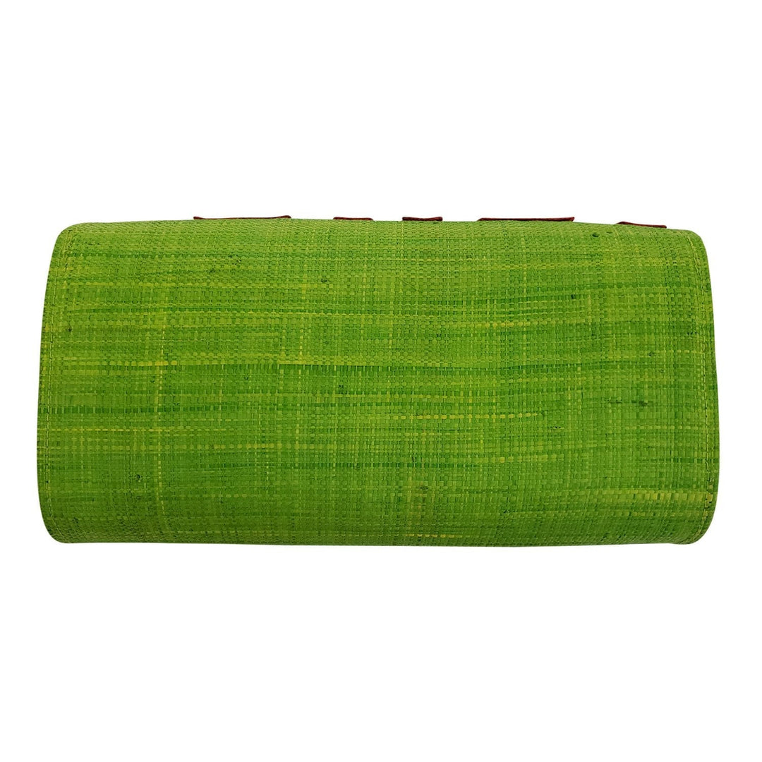 Handwoven Light Green Madagascar Raffia Clutch with Red-Orange Accents