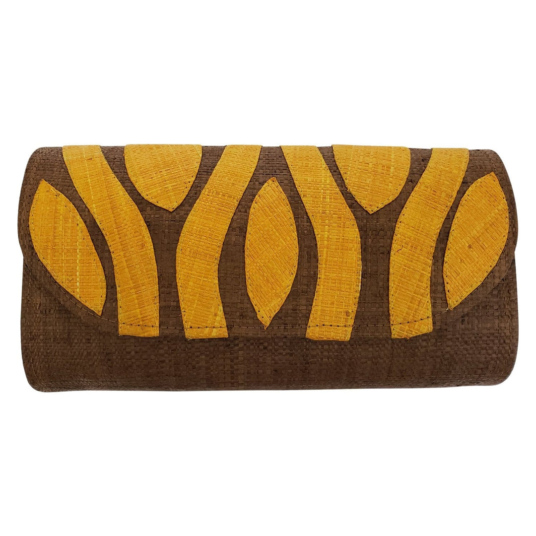 Authentic Handwoven Brown Madagascar Raffia Clutch with Orange Accents