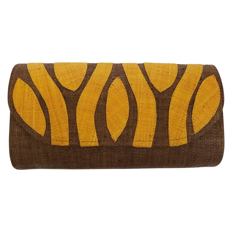 Authentic Handwoven Brown Madagascar Raffia Clutch with Orange Accents