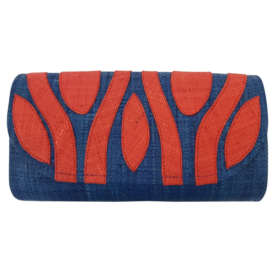 Authentic Handwoven Denim Blue Madagascar Raffia Clutch with Red-Orange Accents