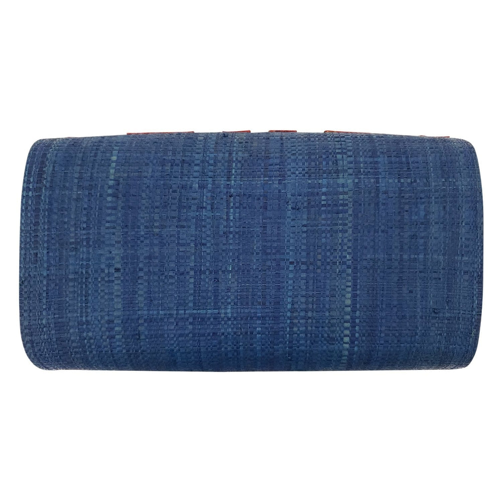 Authentic Handwoven Denim Blue Madagascar Raffia Clutch with Red-Orange Accents