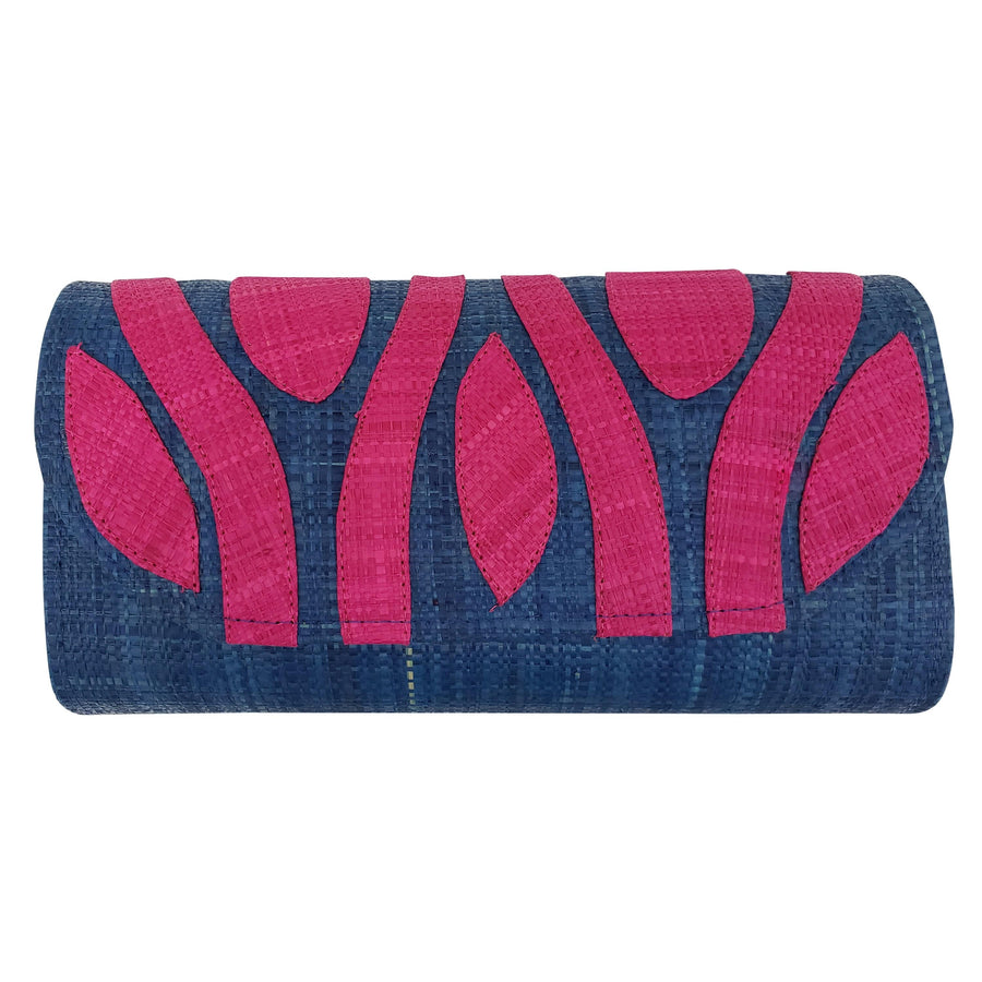 Authentic Handwoven Denim Blue Madagascar Raffia Clutch with Fuchsia Accents